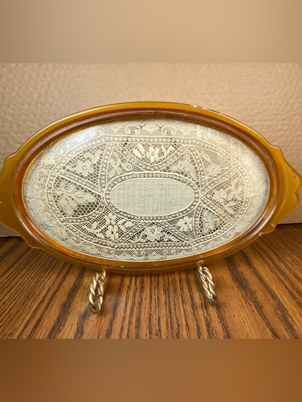 Vintage Celluloid & Glass Lace Insert Vanity Perfume Tray